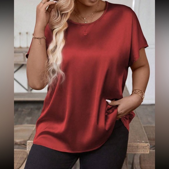 Luxe burgundy round neck casual satin top